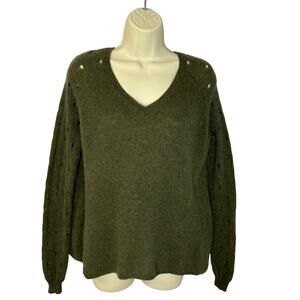 KOKUN Women's 100% Cashmere Crewneck Pullover V Neck Sweater Green Soft S